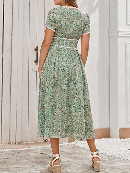 Printed Layered Casual V-Neck Short Sleeves Midi Dress