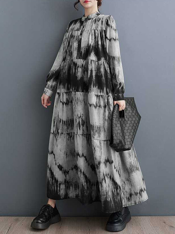 A-Line Long Sleeves Pleated Printed Split-Joint Stand Collar Midi Dresses