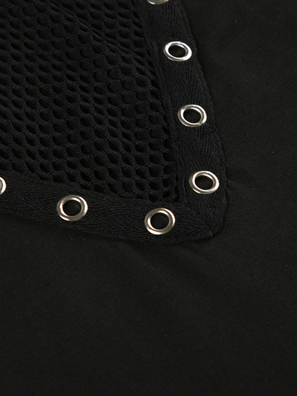 Grid Cross Stitching Long Sleeve Tee