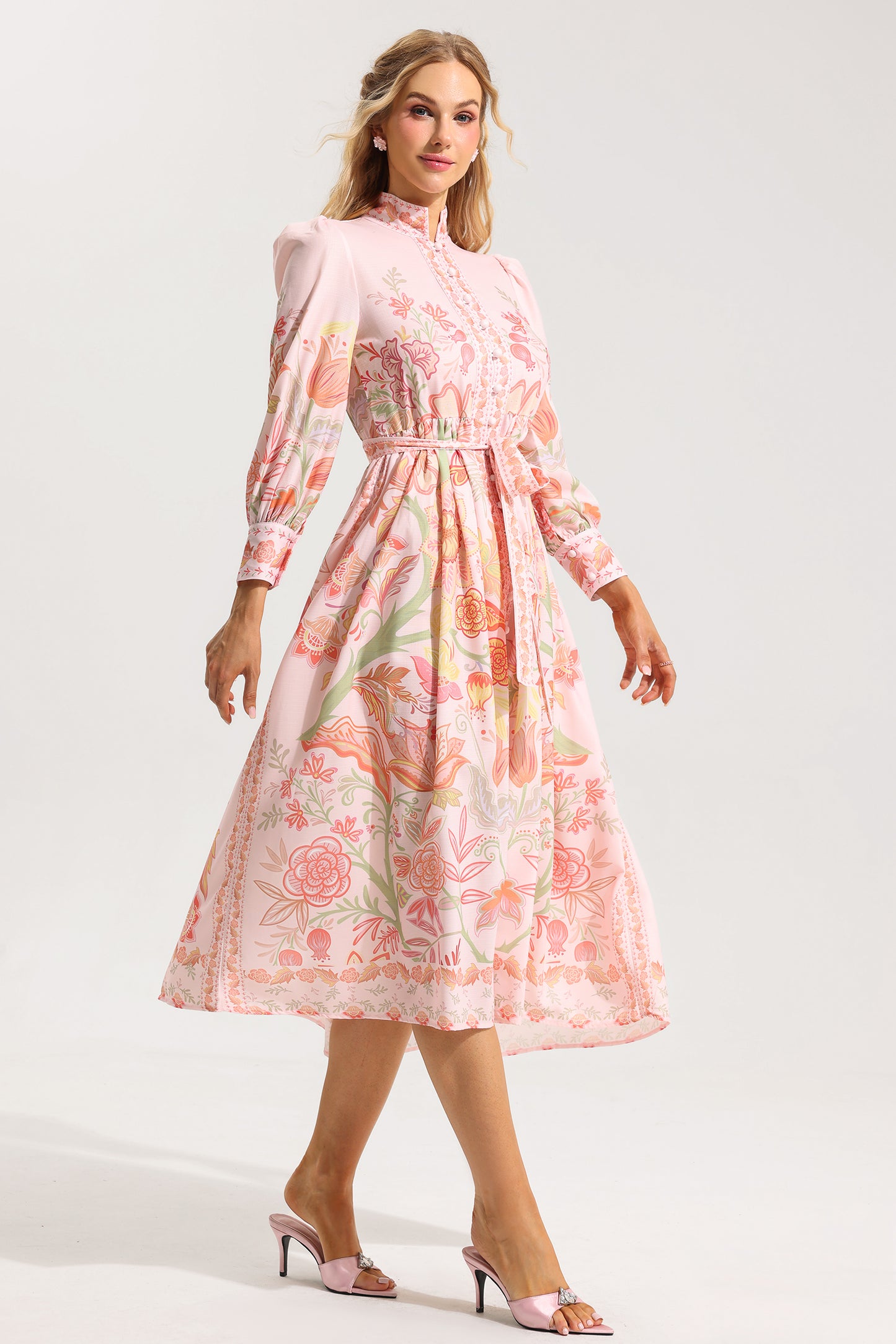 Floral Bottom Lantern Sleeve Midi Dress With Belt
