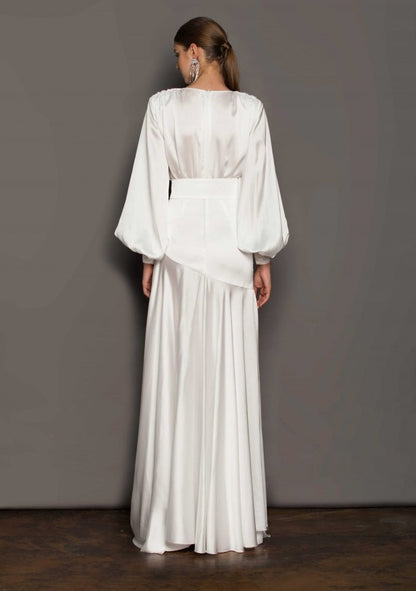 Satin Plunge V-Neck Bishop Sleeve Belted Buckle Waist A-Line Maxi Gown