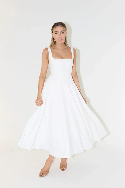 Square Neck Wide Strap Fit and Flare Pleated Tea Length Midi Dress