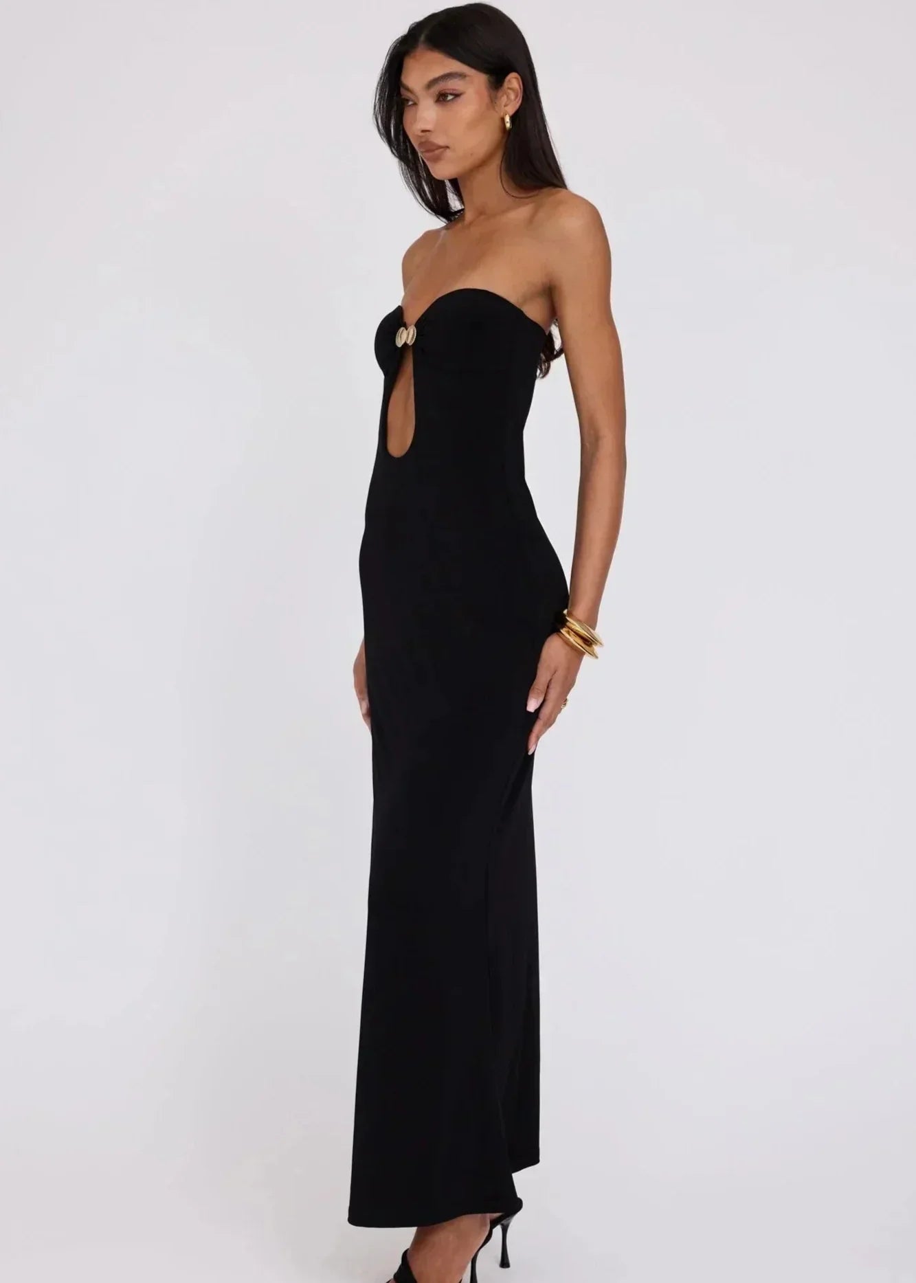 Strapless Sweetheart Ring Hardware Keyhole Cutout Bodycon Maxi Dress