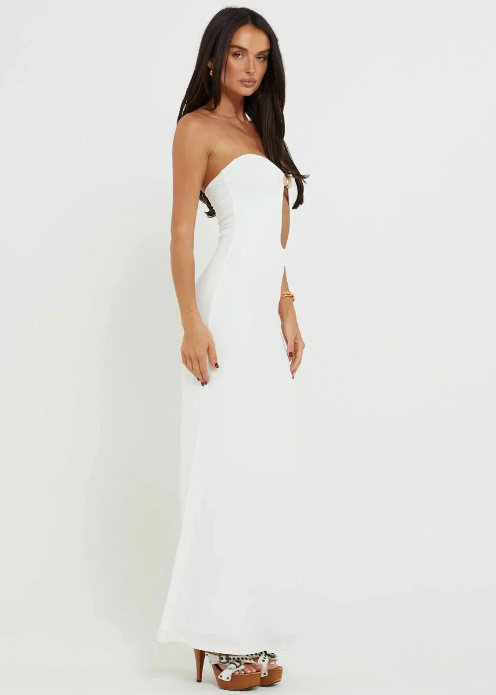 Strapless Sweetheart Ring Hardware Keyhole Cutout Bodycon Maxi Dress