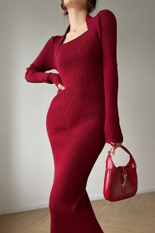 | Solid Knitted Square Neck Maxi Dress