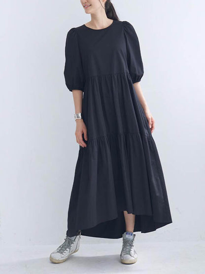 Half Sleeves Puff Sleeves Breathable See-Through Solid Color Round-Neck Midi Dresses