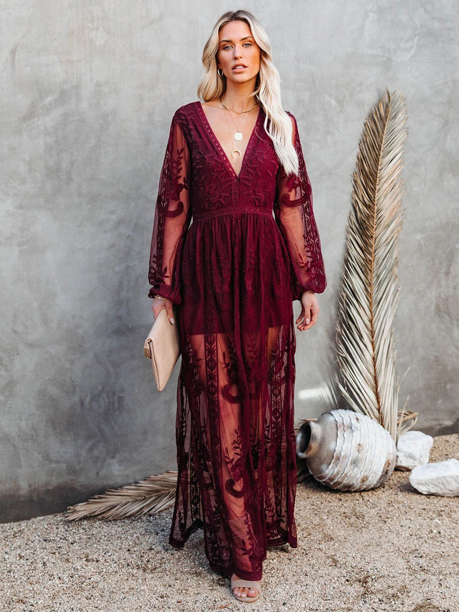 Maxi Dress V-Neck Half Sleeves Lace Bohemian Long Dress
