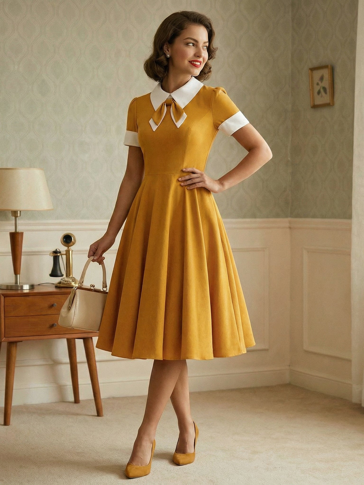 Vintage 1950s Swing Cocktail Dress for Women - V Neck Short Sleeve A-Line Ruched Bust Rockabilly Midi Gown - Wedding Guest 2026