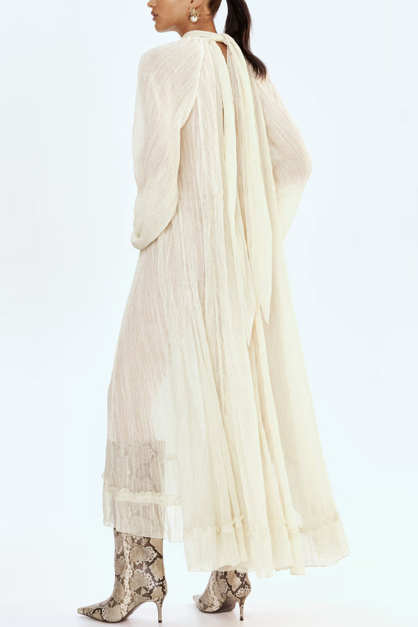 Solid Color High-neck Long-sleeved Loose Ruffle Maxi Dress