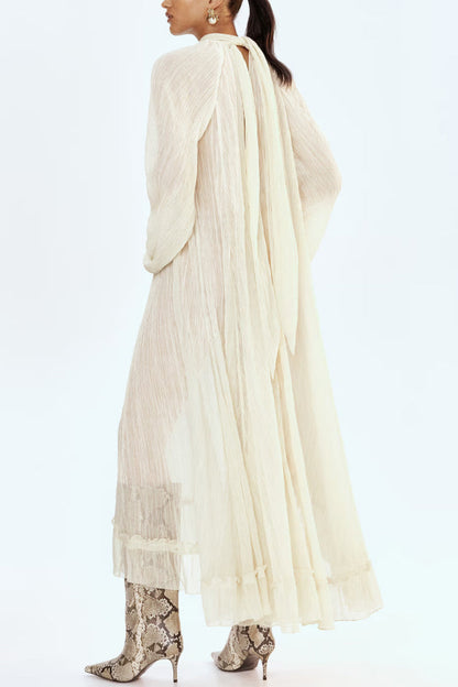 Solid Color High-neck Long-sleeved Loose Ruffle Maxi Dress