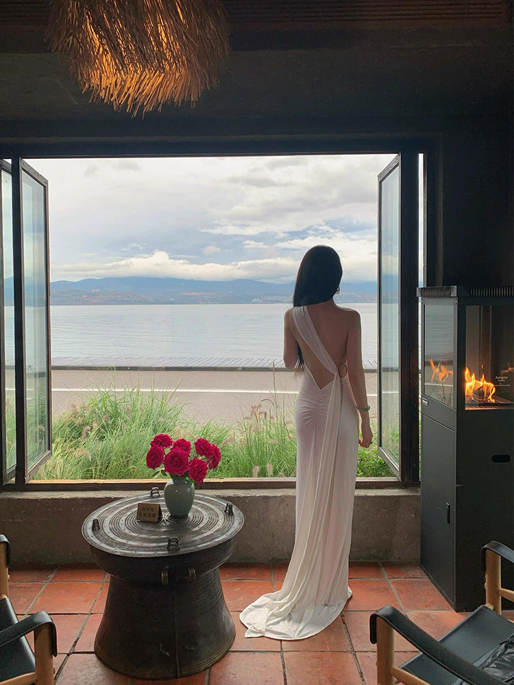 French-Inspired White Ribbon Tie Backless Maxi Dress – Beach & Evening Elegance