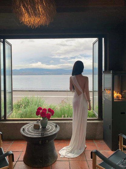 French-Inspired White Ribbon Tie Backless Maxi Dress – Beach & Evening Elegance
