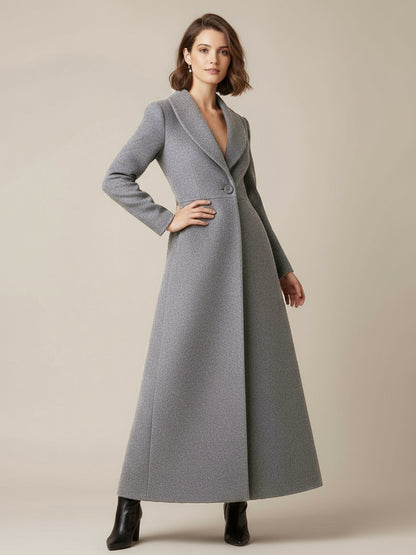 Shawl Collar Full-Length Woolen Coat With A-Line And V-Neck For Women 2026