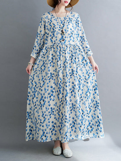 Long Sleeves Loose Flower Print Split-Joint Round-Neck Midi Dresses