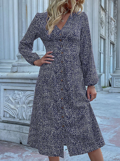 A-Line High Waisted Buttoned Leopard Split-Joint V-Neck Midi Dresses