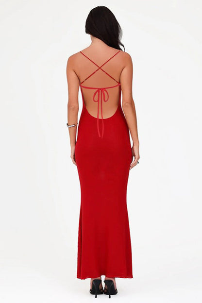 | Rhinestone Open Back Tie Spaghetti Strap Maxi Dress