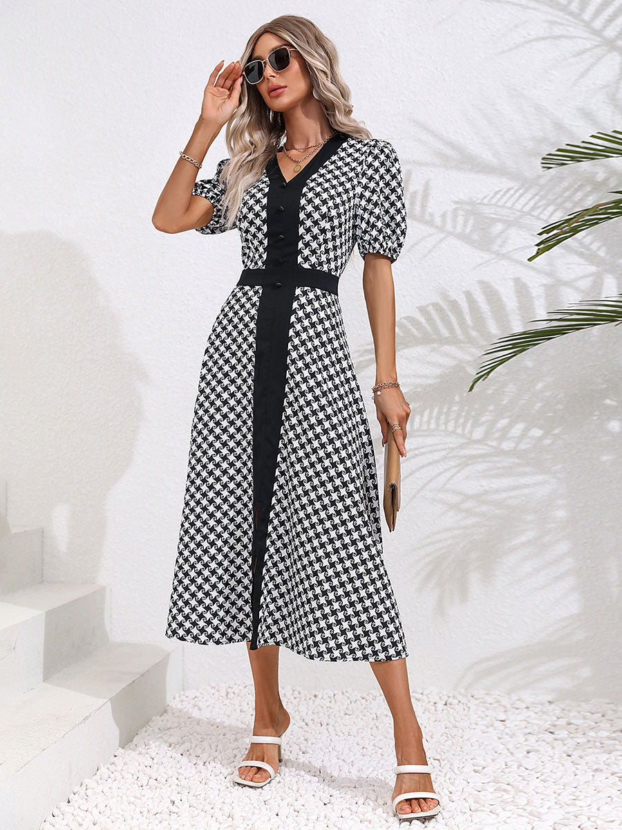 Summer Midi Dress Black V-Neck Split Front Geometric Beach Dress