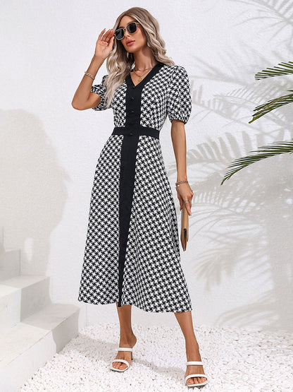 Summer Midi Dress Black V-Neck Split Front Geometric Beach Dress