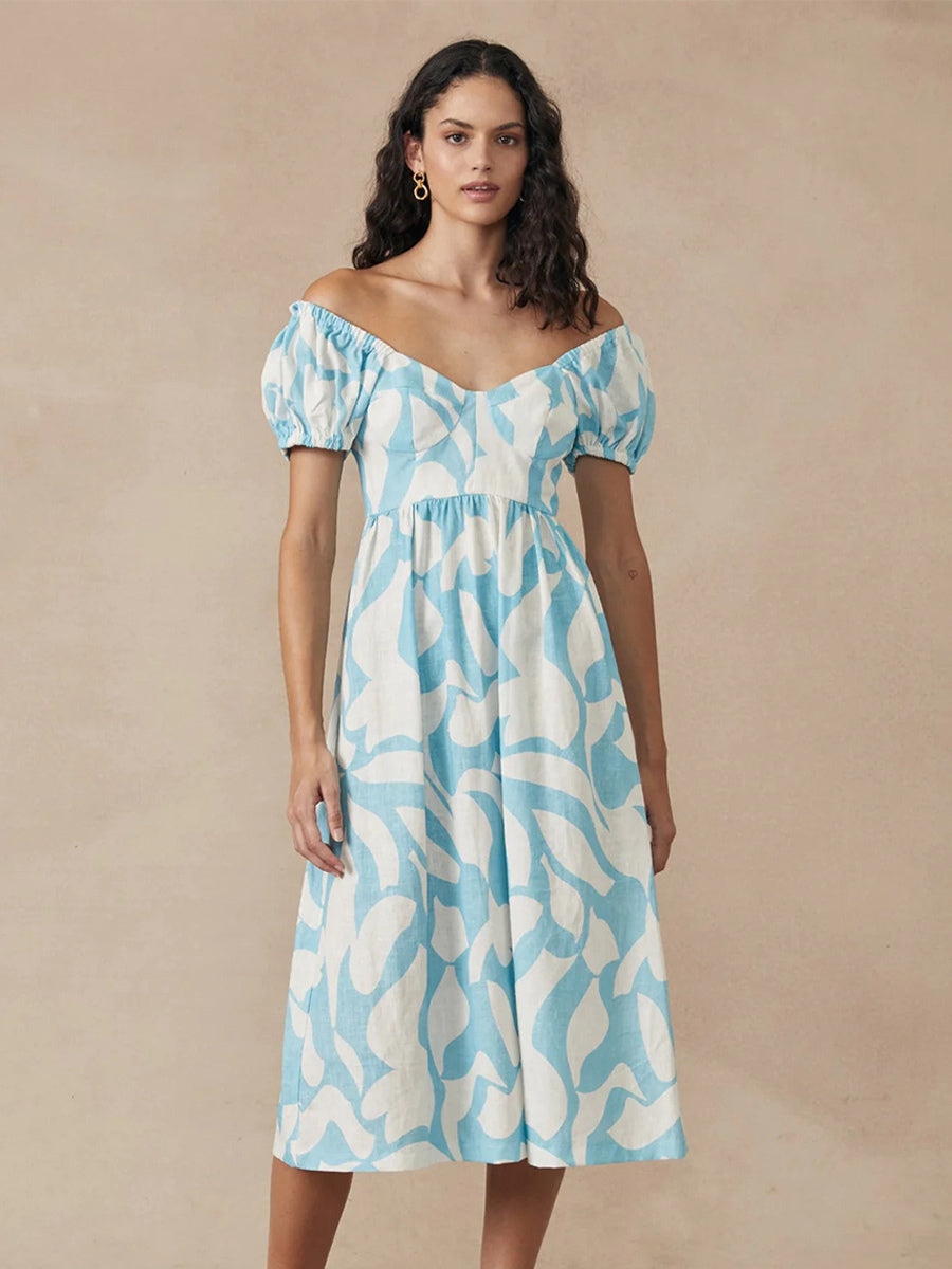 Boho Dress Bateau Neck Short Sleeves Pleated Summer Casual Midi Dresses
