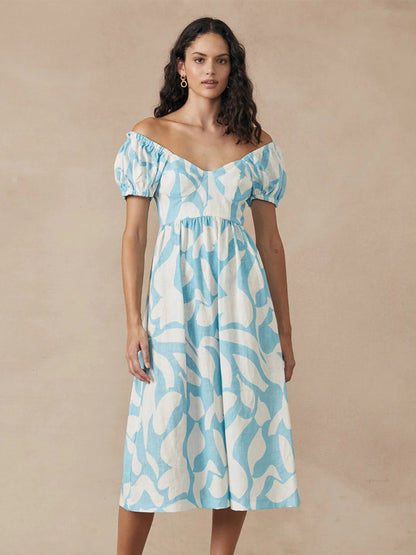 Boho Dress Bateau Neck Short Sleeves Pleated Summer Casual Midi Dresses