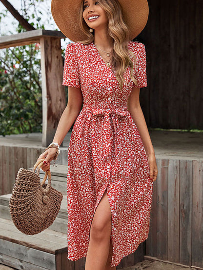 V-Neck Short Sleeves Midi Dress