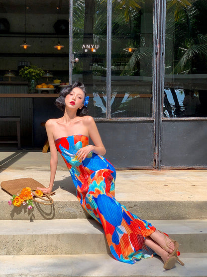 Colorful Floral Strapless Ruched Maxi Dress – Summer Statement Piece