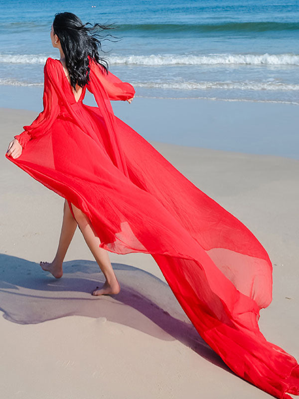 White Maxi Dress Long Sleeves Crepe Chiffon Beach Wedding Dress