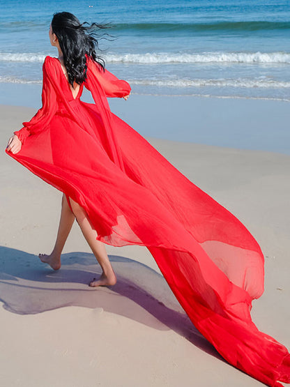 White Maxi Dress Long Sleeves Crepe Chiffon Beach Wedding Dress
