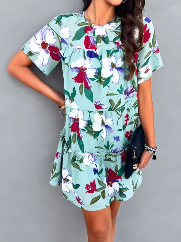 Botanical print short-sleeved tiered mini dress