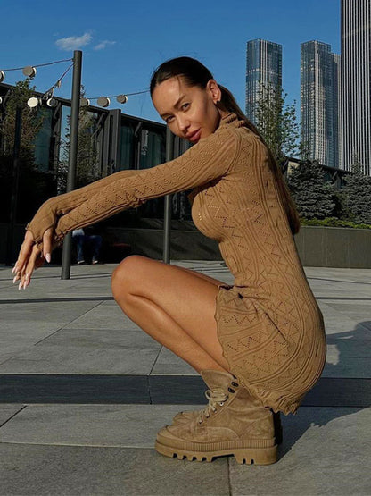 Knitted Dress High Collar Cut Out Long Sleeves Hollow Mini Dresses