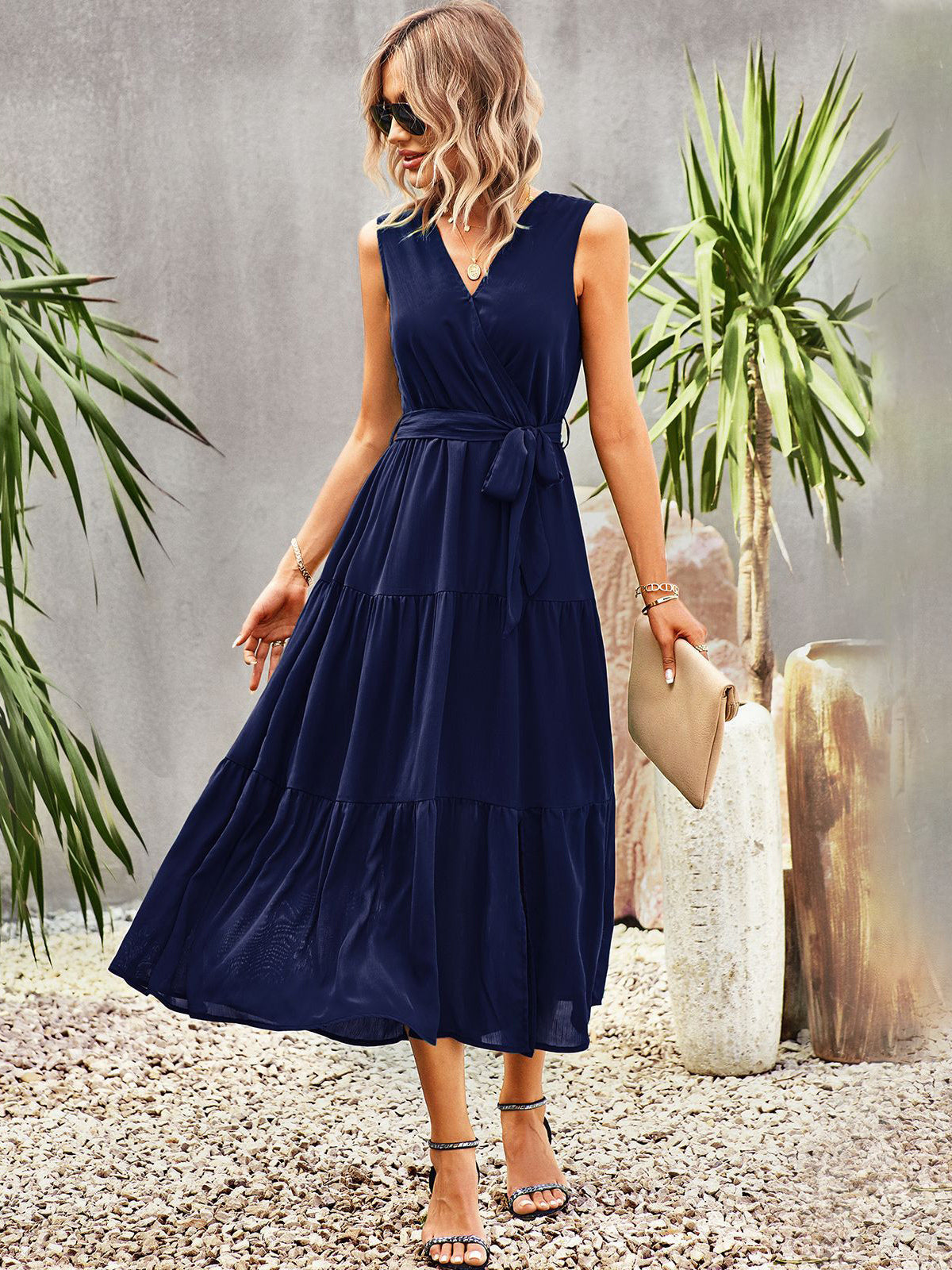 Lace Up Chic V-Neck Sleeveless Midi Dress