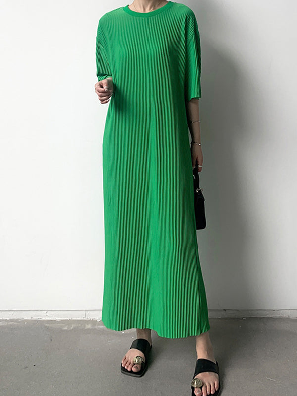 Half Sleeves Loose Pleated Solid Color Round-Neck Midi Dresses