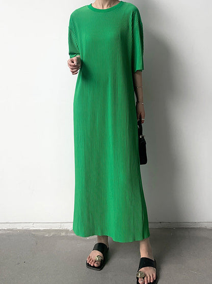 Half Sleeves Loose Pleated Solid Color Round-Neck Midi Dresses
