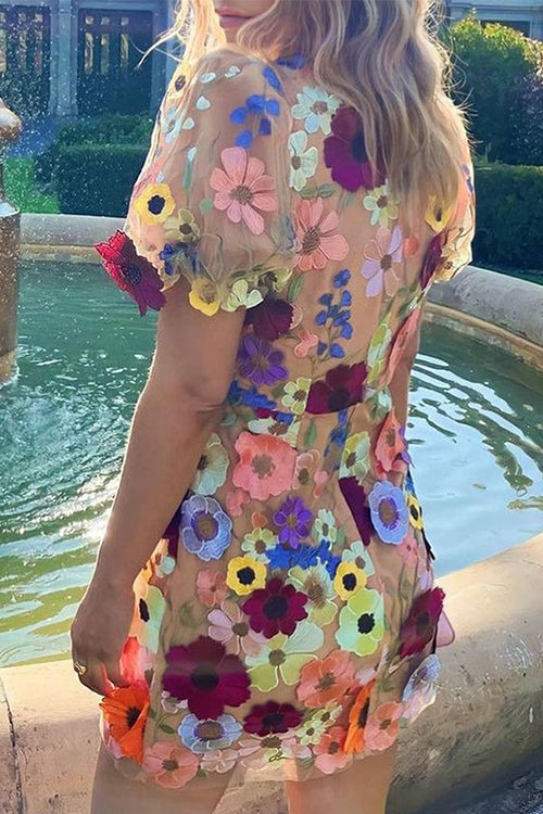 V Neck Puff Sleeves Embroidered Floral Mini Dress