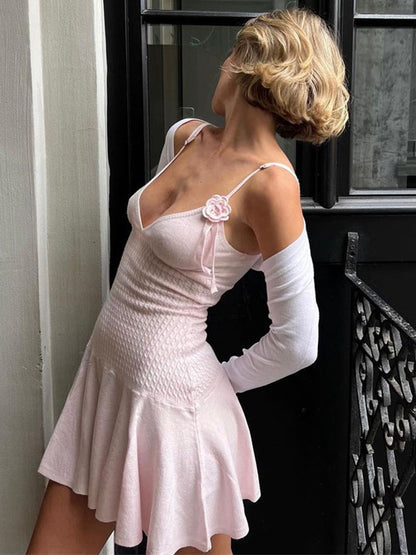 Solid Color Flared Dress Adjustable Spaghetti Straps Backless Mini Dresses