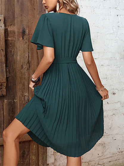 V-Neck Short Sleeves Midi Dress
