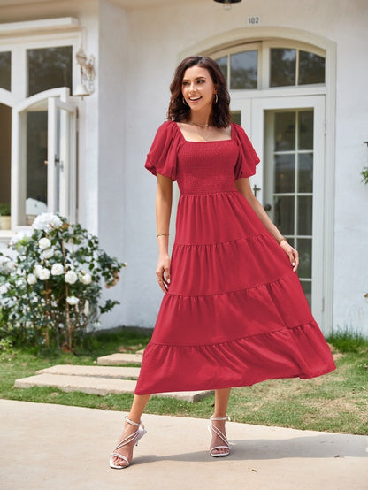 Square Neck, Backless, Puff Sleeve, Pleated Short-sleeved Long Dress