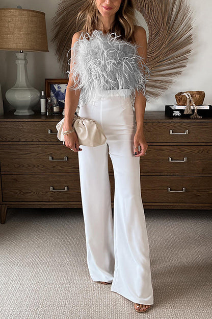 Margovil Strapless Faux Feather Crop Top