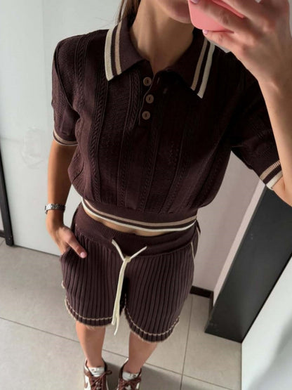 Academic Style Lapel Ice Silk Short Cardigan Color-blocked Drawstring Shorts Set 2-piece Sets