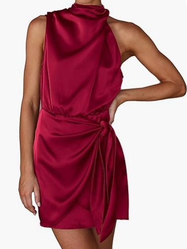 Satin Belted Sleeveless Stand Collar Tie Waist Short Dress