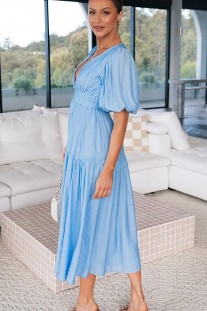V Neck Puff Sleeve Smocked Empire Waist Tiered Midi Dress