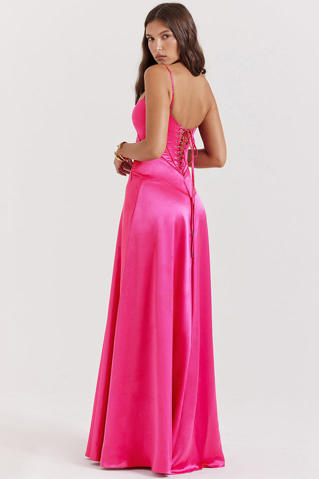 Satin Corset Bustier Spaghetti Strap Basque Waist A-Line Maxi Gown