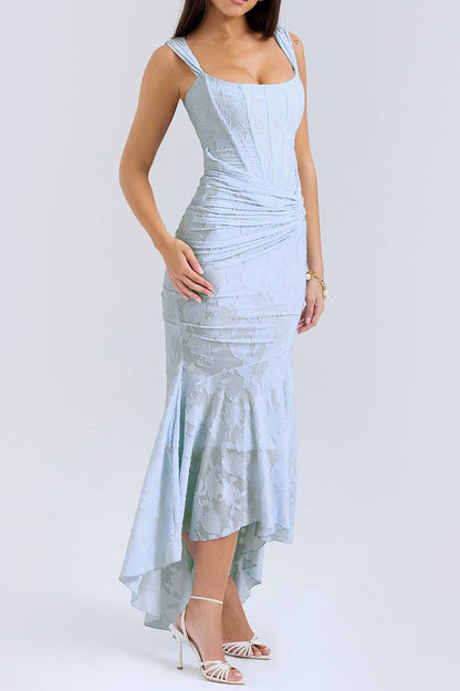 Floral Burnout Lace Corset Bodice Ruched Wrap High-Low Mermaid Midi Dress