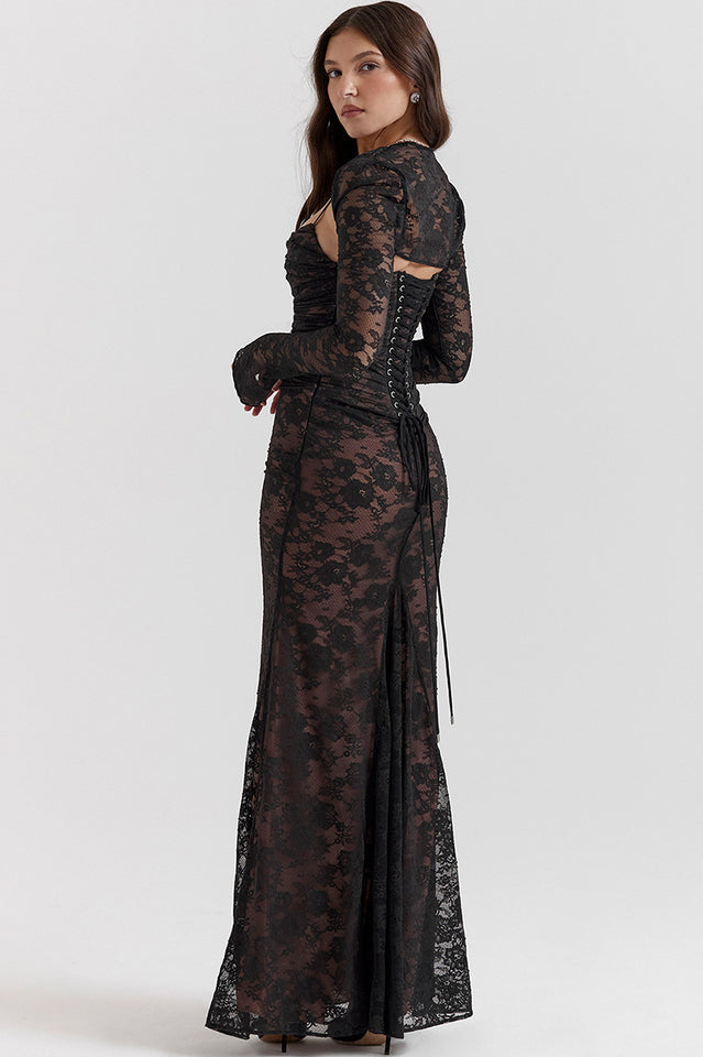Square Neck Spaghetti Strap Floral Lace Scalloped Hem Maxi Dress with Long Sleeve Bolero