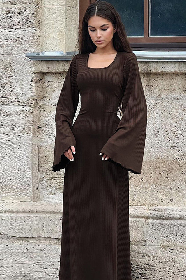 Ribbed Knit Scoop Neck Bell Sleeve Bodycon Maxi Dress