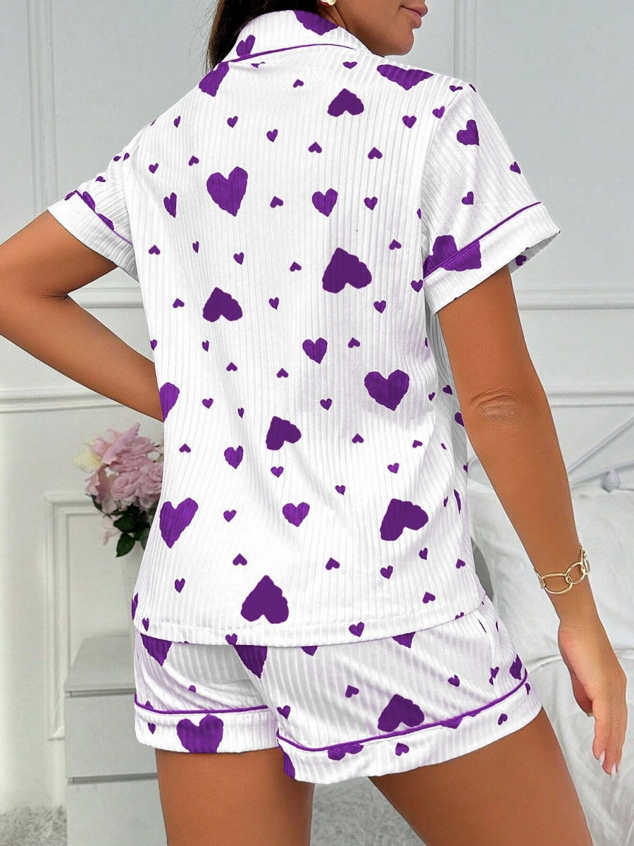 Heart-print Cardigan With Collar And Button-down Short Sleeves And Shorts, Two-piece Loungewear Set