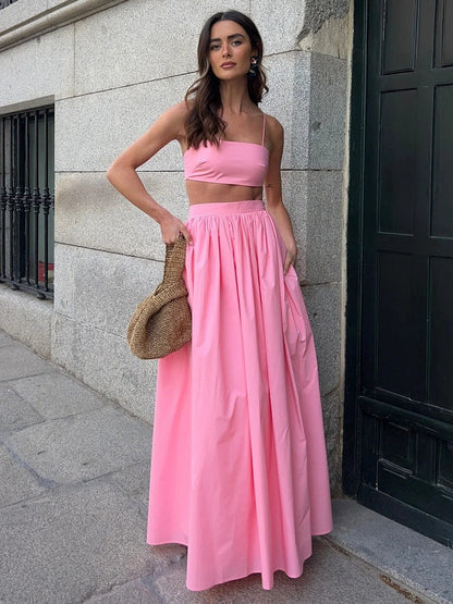 Pure Cotton Strapless Bra Jacket High-waisted Long Skirt Vacation Package 2-piece Sets