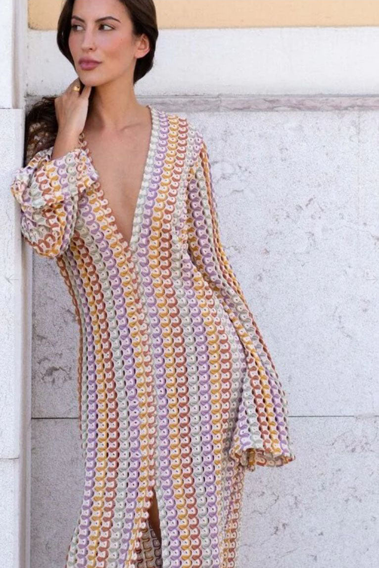 Scallop Circle Print Deep V-Neck Long Sleeve Front Slit Maxi Dress