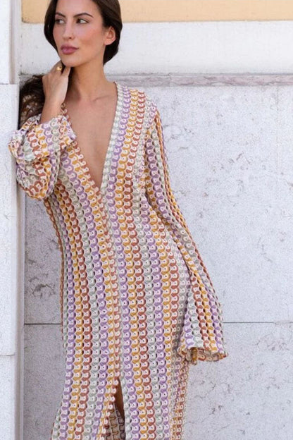 Scallop Circle Print Deep V-Neck Long Sleeve Front Slit Maxi Dress