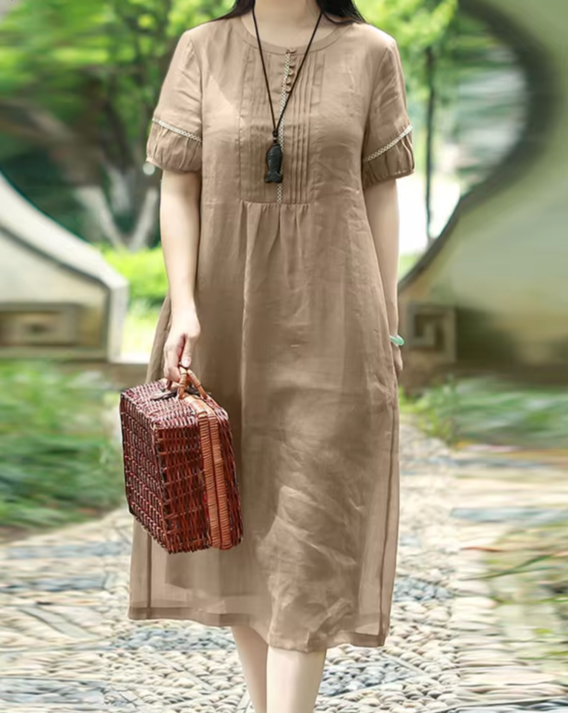 Linen Look Pintuck Embroidered Trim Round Neck Empire Midi Dress